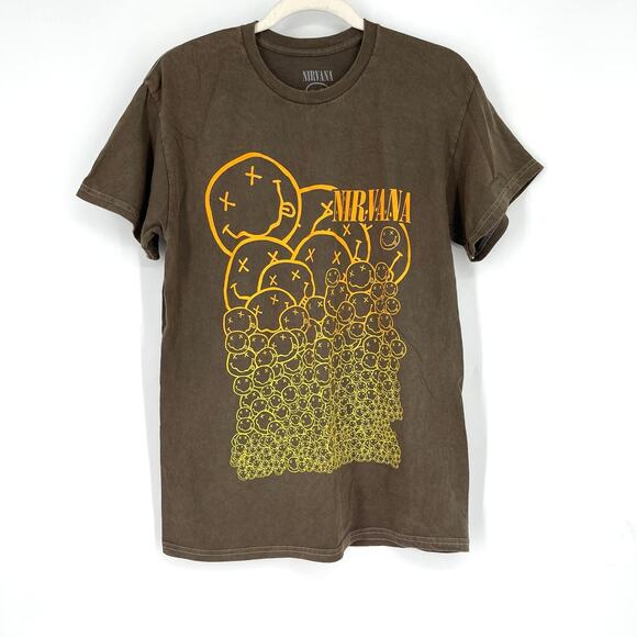 Officially Licensed Nirvana Smiley Faces Grunge Tee Brown Acid Wash Medium - Picture 1 of 5